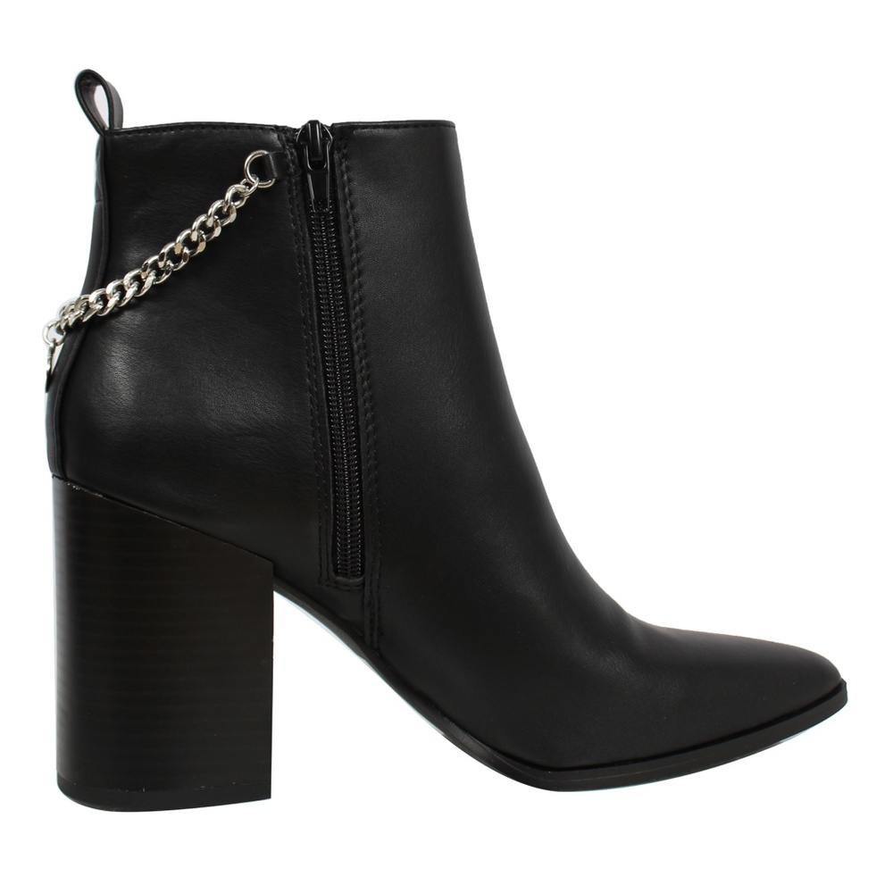 Size 8 Black Pointy Toe Chain Lace Stacked Block Heel Ankle Bootie - Picture 3 of 6
